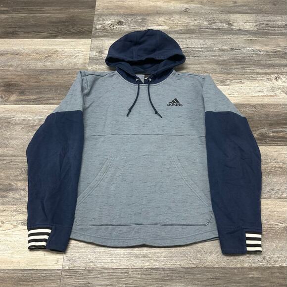 Adidas Mens Gray Two Toned Navy Blue Gray Men L 3-Stripes Logo Sweatshirt Hoodie - Picture 1 of 9